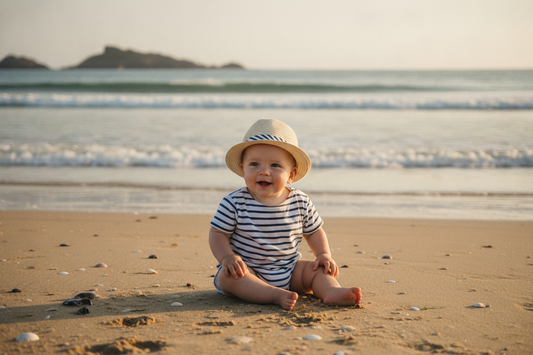 Bébé en marinière sur la plage en Bretagne