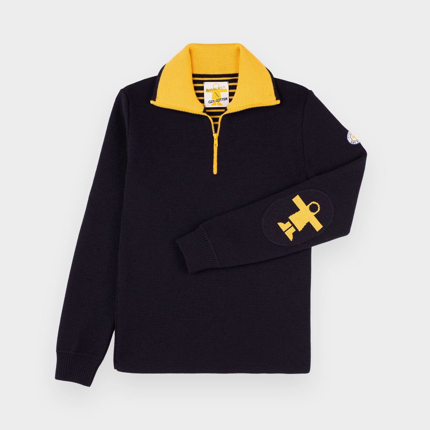 Pull camionneur zippé marine et jaune Royal Mer x Guy Cotten, vue de face
