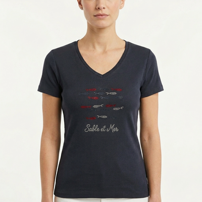 T-shirt col V coton manches courtes femme motifs marins – Sable et Mer