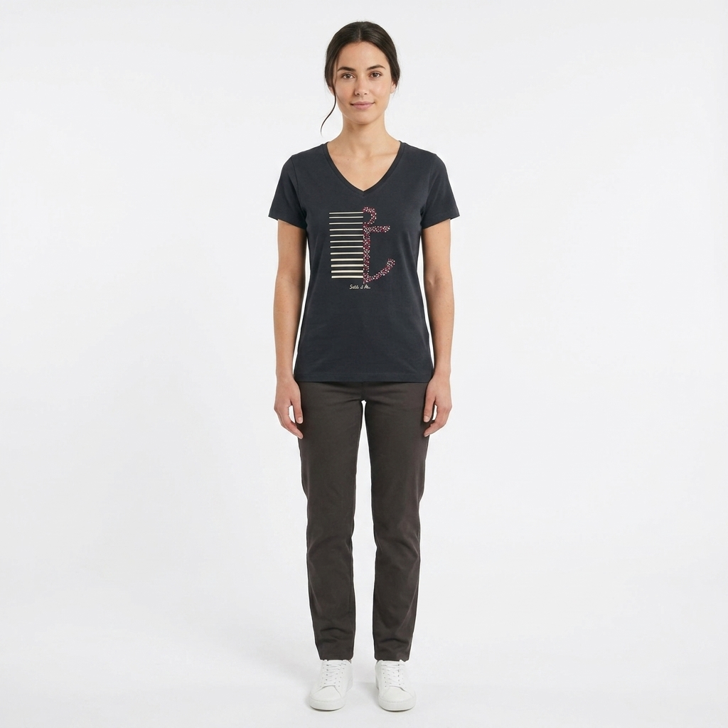 T-shirt col V coton manches courtes femme motifs marins – Sable et Mer