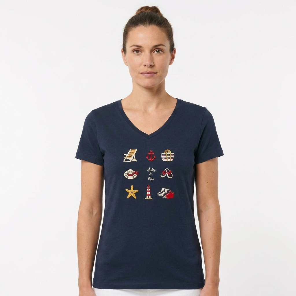 T-shirt col V coton manches courtes femme motifs marins – Sable et Mer