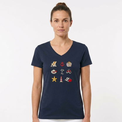T-shirt col V coton manches courtes femme motifs marins – Sable et Mer