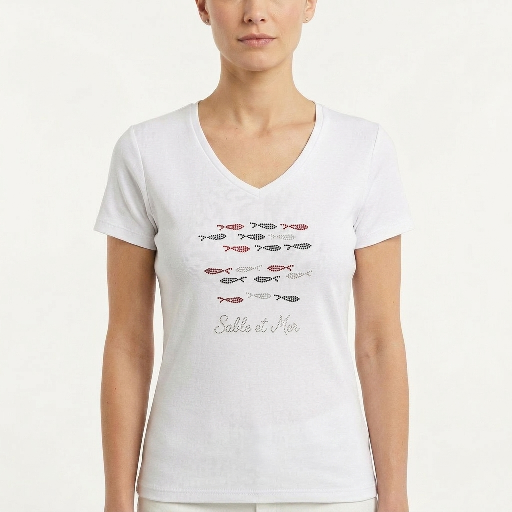 T-shirt col V coton manches courtes femme motifs marins – Sable et Mer