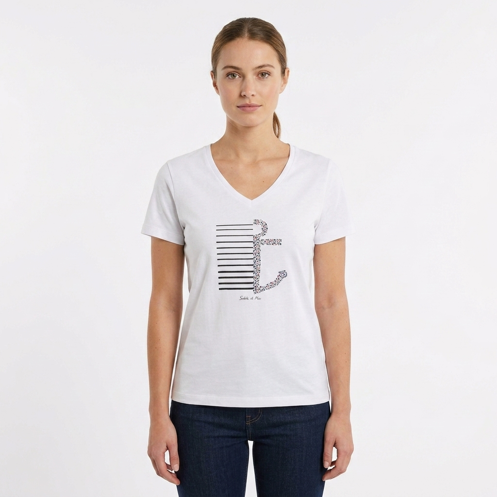 T-shirt col V coton manches courtes femme motifs marins – Sable et Mer
