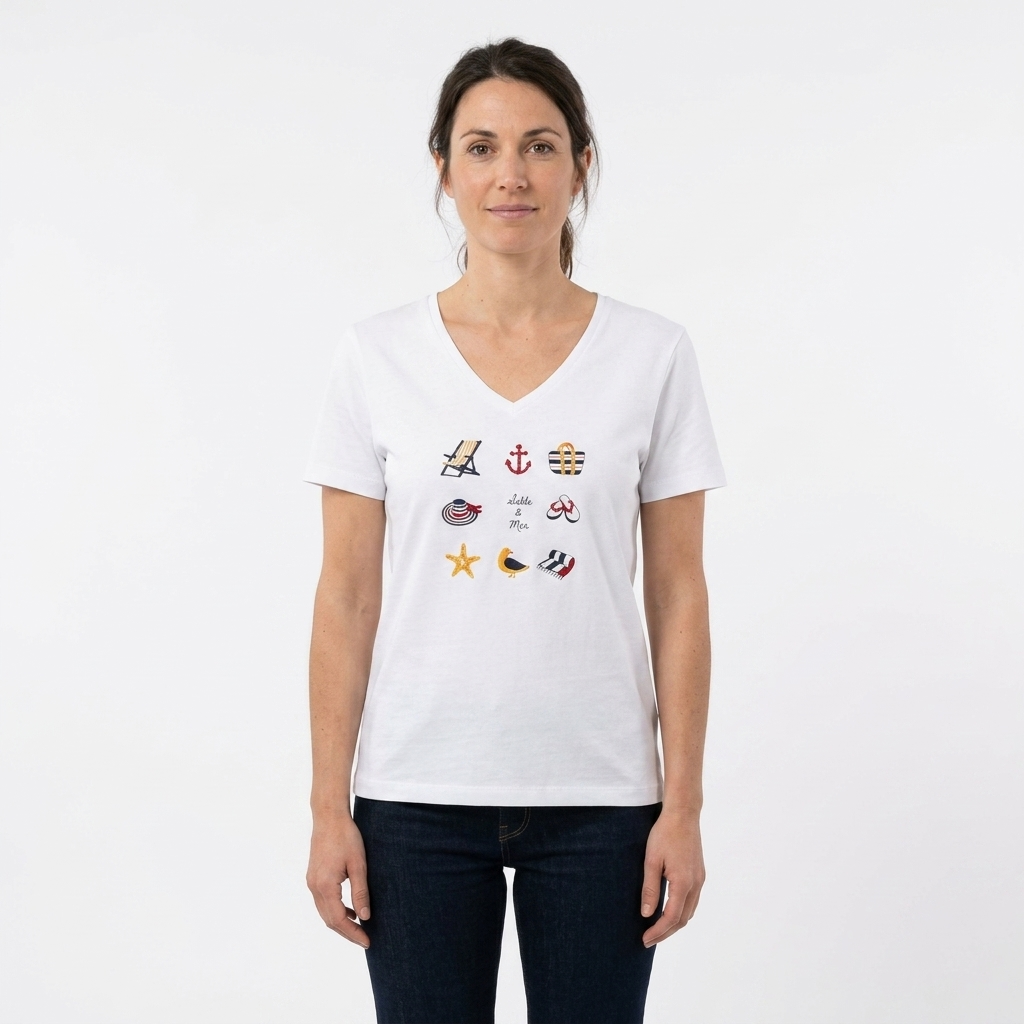 T-shirt col V coton manches courtes femme motifs marins – Sable et Mer
