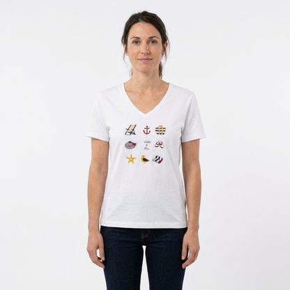 T-shirt col V coton manches courtes femme motifs marins – Sable et Mer
