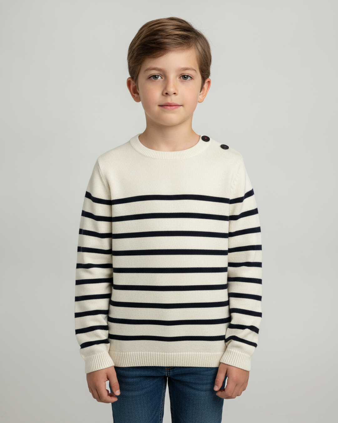Pull marin enfant Équipier écru à rayures marine porté