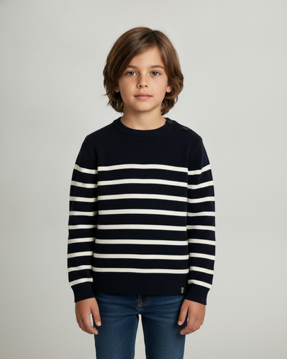 Pull marin enfant Équipier marine à rayures écru porté