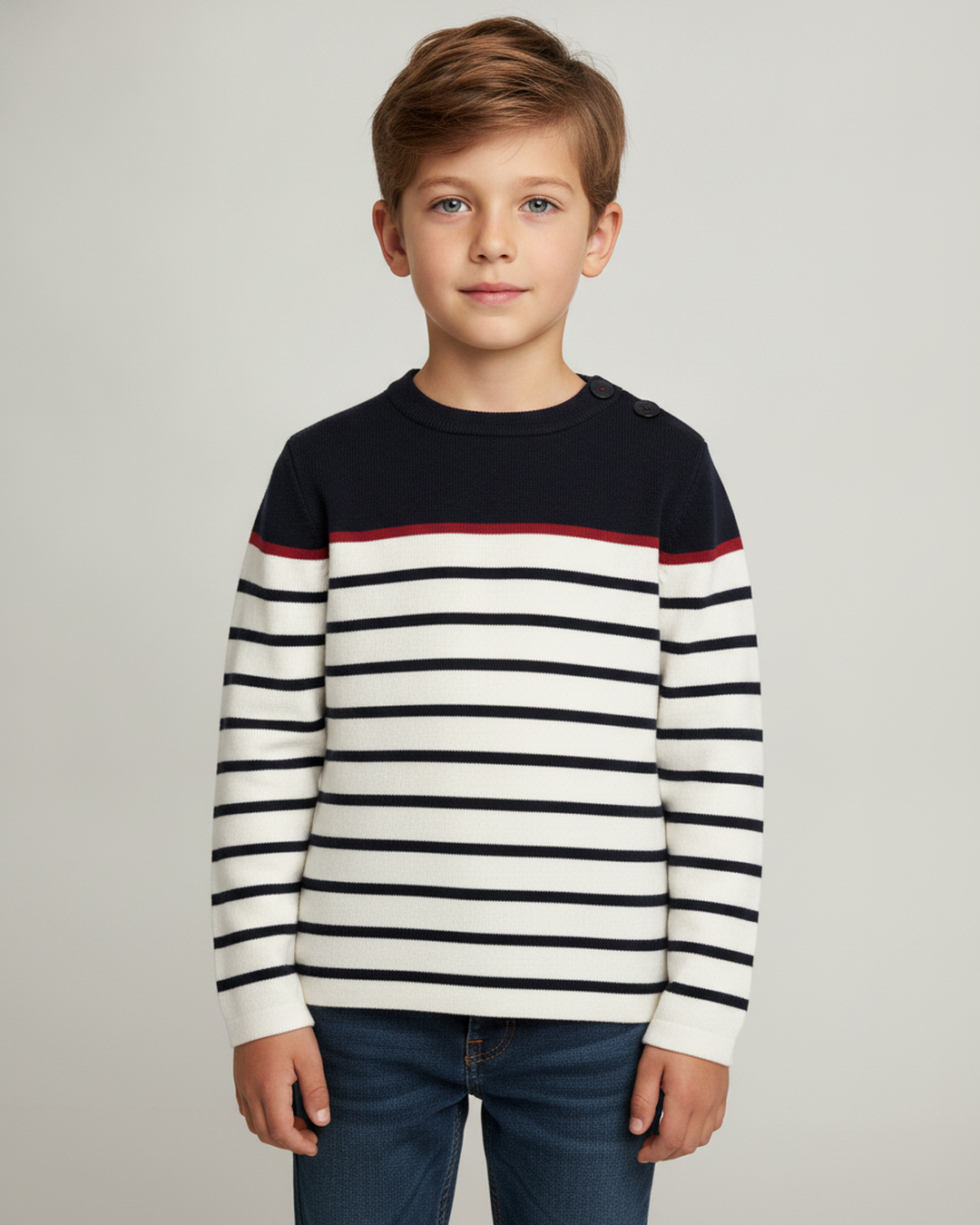 Pull marin enfant Équipier tricolore marine blanc rouge porté