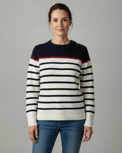 Pull marin femme Navigatrice tricolore marine blanc rouge porté