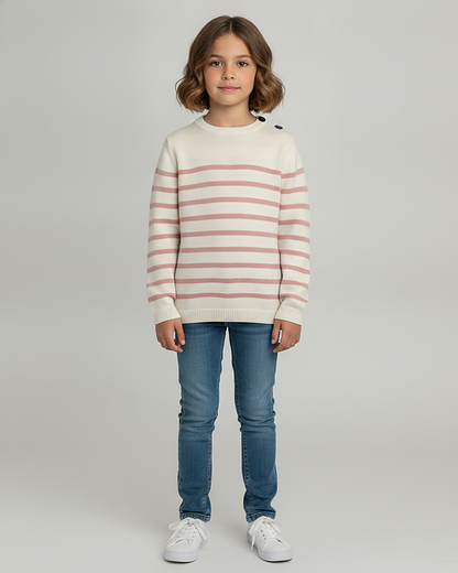 Pull marin enfant Équipier blanc à rayures rose porté fille